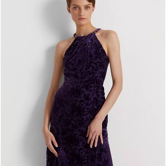 Ralph Lauren Floral Velvet Halter Gown - Picture 3 of 9